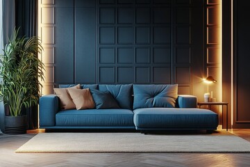 A stylish living room with a blue sofa, a large plant, and a rug.