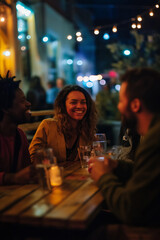 A group of friends laughing and having a good time at a cozy bar during nighttime. Warm lighting and a friendly atmosphere enhance their evening of socializing and enjoyment.