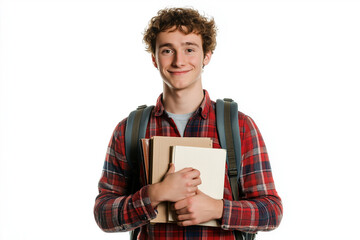 A cheerful young male student with curly hair, holding books and wearing a plaid shirt, stands with a backpack. He expresses positivity and readiness for learning. Ideal for education-related themes.