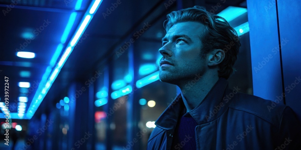 Poster An intense portrait of a man whose face is shadowed by deep blue neon lights. The reflections emphasize the solemnity in his expression lending a moody and contemplative atmosphere