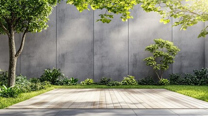 A wooden platform in a lush garden, with a concrete wall in the background.  Sunlight filters through the trees, casting shadows on the ground.