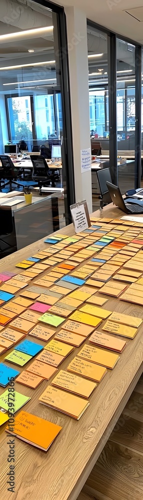 Poster brainstorming session with sticky notes on wooden table.