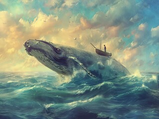 Fototapeta premium A Man Sailing on a Whale's Back Through a Dramatic Sunset Sky