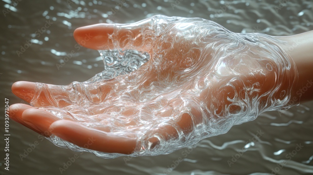 Aufkleber a hand appears to be emerging from or holding water, creating a fluid, dynamic visual effect.