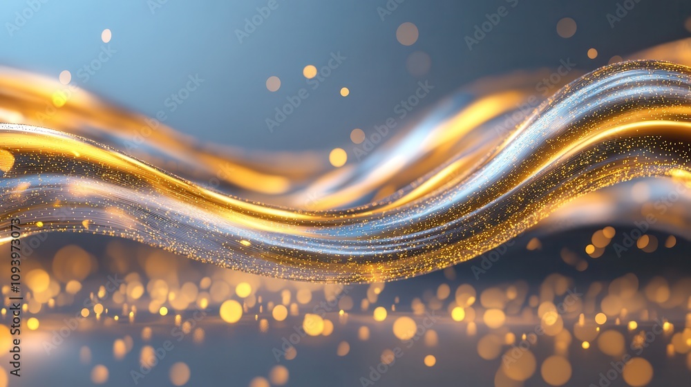 Poster floating streams of gold and silver particles creating flowing waves
