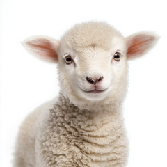 Obraz premium baby lamb standing shyly on white background, showcasing its soft wool and innocent expression. This adorable creature captures essence of youth and gentleness