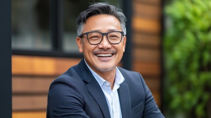 Fototapeta premium Man smiling confidently outdoors in professional attire during a sunny day at a modern building.