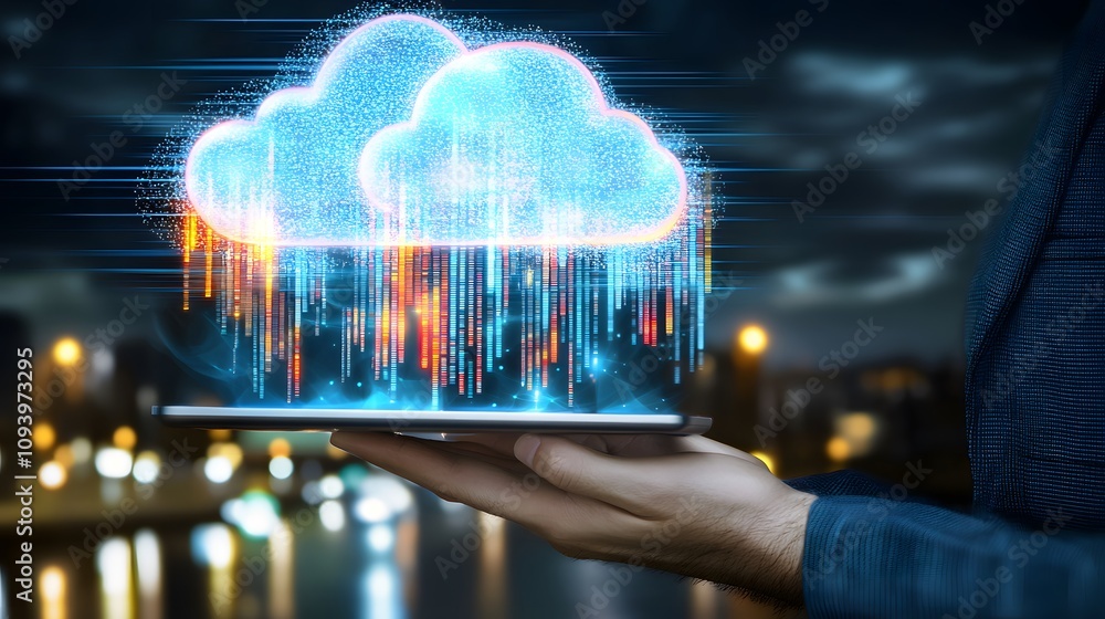 Poster cloud computing data storage on tablet.