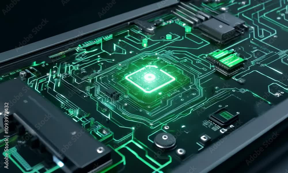 Poster exploring green technology close up of intricate circuit board with electronic microchip components