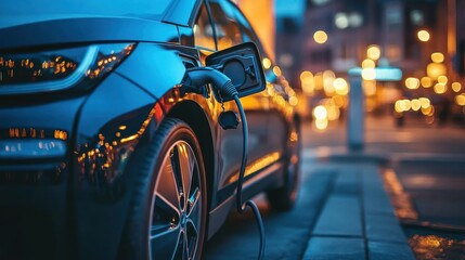 Obraz premium An electric car charging at a station during twilight, showcasing urban life and sustainability.