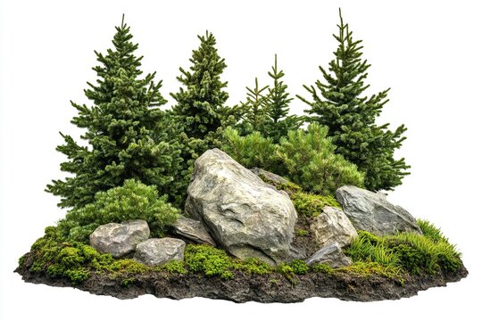 Cutout rock surrounded by fir trees. Garden design isolated on white background. Decorative shrub for landscaping. High quality clipping mask for professionnal composition.