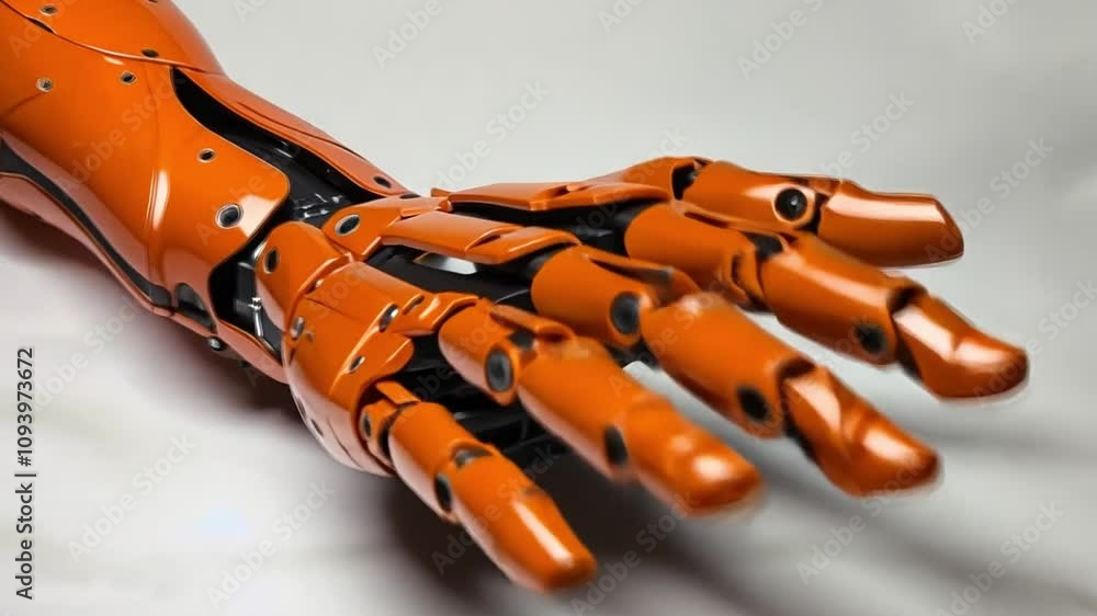 Poster an intricate robotic hand with articulated fingers on a neutral background, highlighting its vibrant