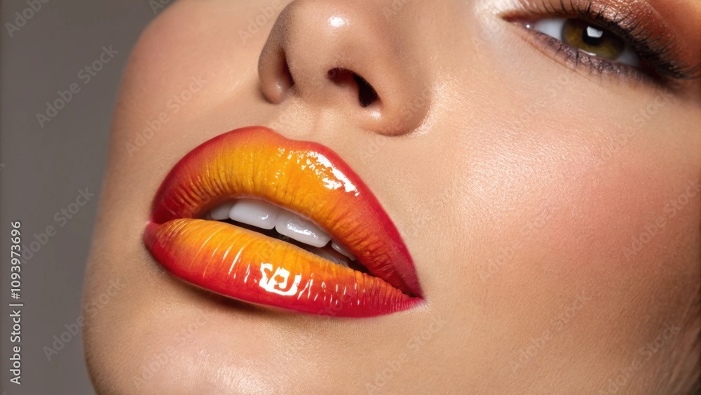 Poster an image of a model with sunsetinspired lips blending warm oranges into mellow yellows the high glos