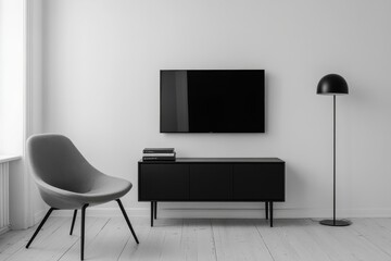 A modern living room interior with a flat-screen TV mounted on the wall, a black cabinet, a comfortable chair, and a floor lamp.