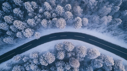A scenic winter road surrounded by frosty trees, inviting travelers to explore the serene landscape. 