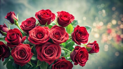 Obraz premium Romantic Love Card with a Vibrant Bush of Red Roses on a White Background, Enhanced by High Contrast and Vignetting Effect for a Captivating, Elegant Presentation