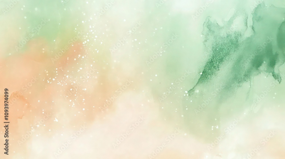 Poster a peaceful watercolor abstract with mint green blending into soft peach tones. tiny white flecks res