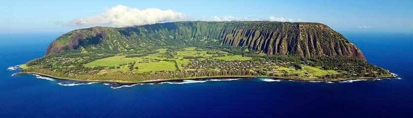 Aerial View of Majestic Hawaiian Island Featuring Lush Greenery, Dramatic Cliffs, and Turquoise Ocean Surrounding a Serene Landscape Under a Clear Blue Sky