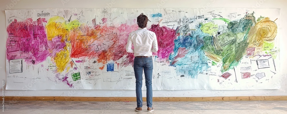 Aufkleber creative professional analyzing vibrant artwork on large paper canvas in bright studio environment w