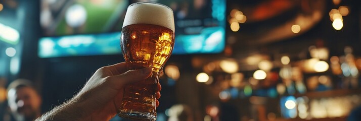 Hand holding a glass of beer in a lively pub while watching a football match on TV.