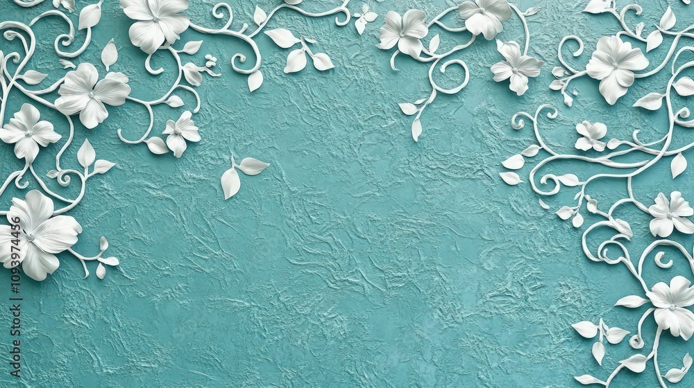 Poster a serene teal backdrop featuring intricate white floral and vine motifs that blend harmoniously into