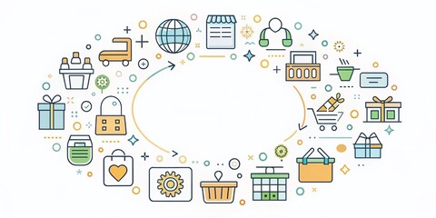 Round Design Element Featuring Line Shopping Icons Isolated on a White Background for E-commerce and Retail Visuals in Modern Graphic Design