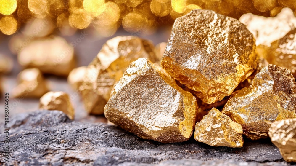Poster close-up view of natural gold nuggets on rocky surface with a blurry golden bokeh background creatin
