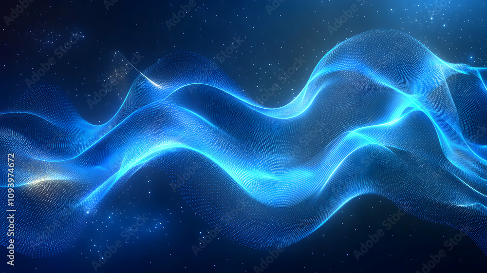 Poster abstract blue digital wave background: glowing particle flow, dynamic 3d mesh, futuristic design for