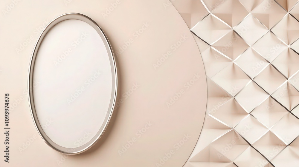 Poster a sleek design with a soft beige background, featuring a prominent white oval shape outlined in meta