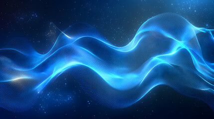 Naklejka premium Abstract Blue Digital Wave Background: Glowing Particle Flow, Dynamic 3D Mesh, Futuristic Design for Tech Presentation
