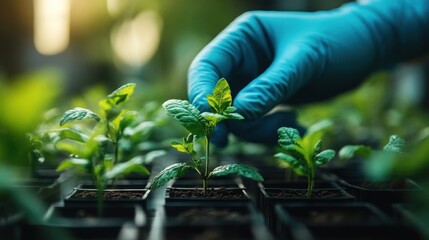 A hand in a blue glove tending to young plants in a greenhouse setting.