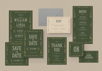 Green Victorian Style Wedding Invitation Suite