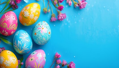 vibrant easter eggs with floral patterns on a blue backdrop
