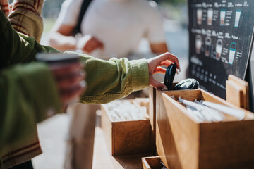 Image of a street coffee stand where people reach for lids and cups. The scene captures the essence...