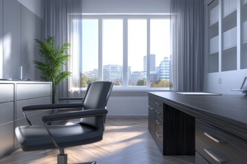 Fototapeta premium Modern office interior with a large window overlooking a city skyline. (1)