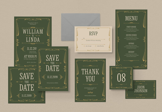Green Victorian Style Wedding Invitation Suite
