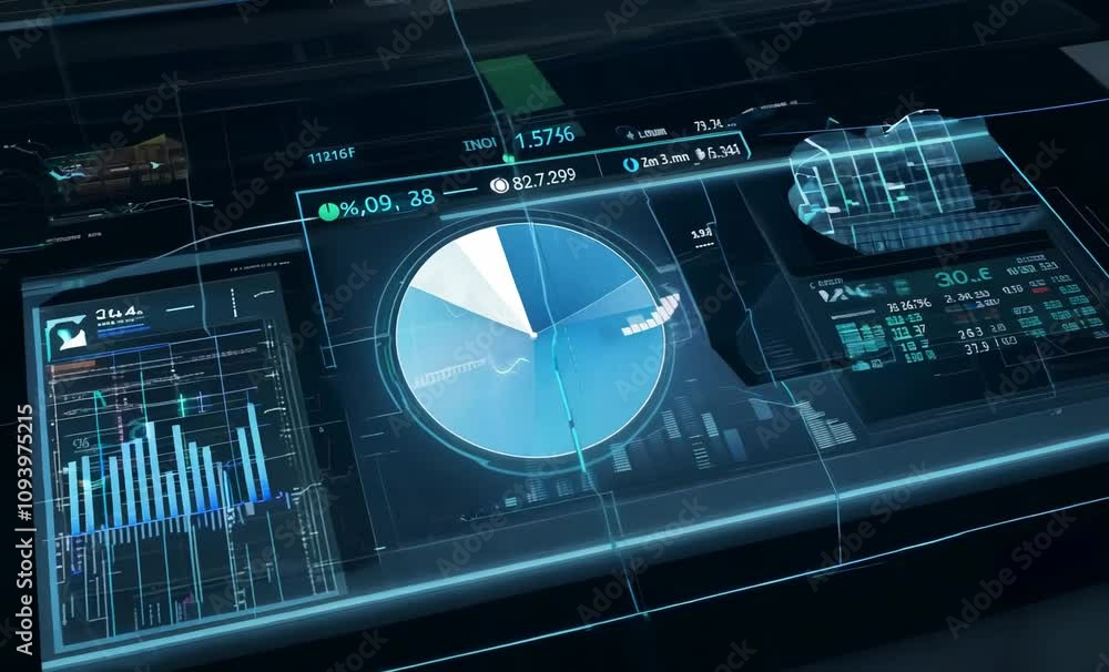 Aufkleber modern data visualization technology exploring graphs, charts, and analytics in blue tones.