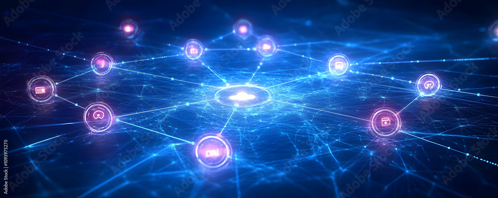 Poster abstract 3d network illustration: data nodes connected to central hub in a blue digital space