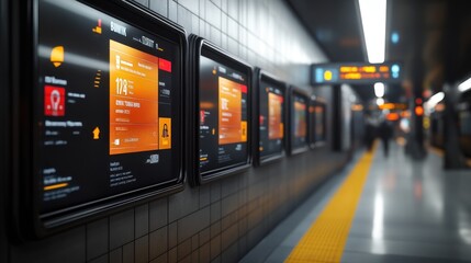 Digital display boards in a subway station showing train schedules and information.