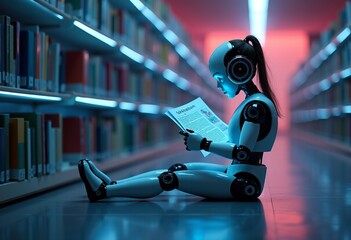 A Young Female Robot Sitting on the Floor of a Modern Library, Reading an Electronic Newsletter Amidst Iridescent Lighting