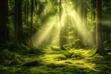 Fototapeta premium Sunbeams Illuminating a Lush Forest Floor