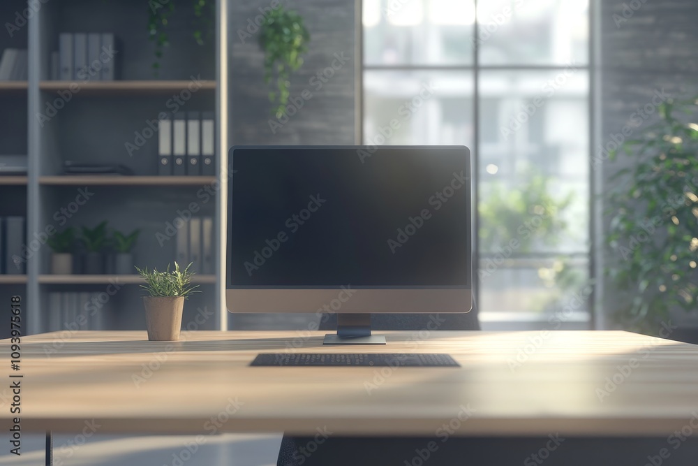 Poster a clean, modern office desk with a computer, keyboard, and plant. the desk is made of wood and is in