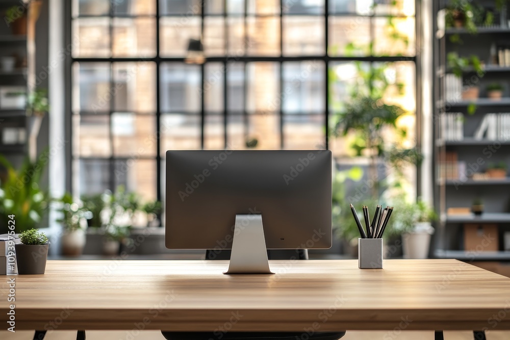 Aufkleber a modern office desk with a computer monitor, potted plants, and pencils in a cup. the desk is in fr
