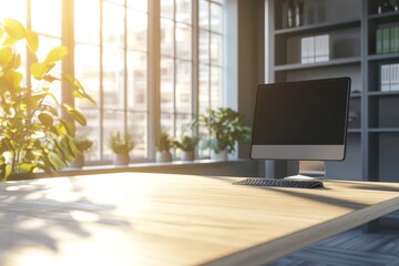 A modern office desk with a computer, keyboard, and potted plants. The desk is made of wood, and the computer monitor has a blank screen. Sunlight streams through the large windows.