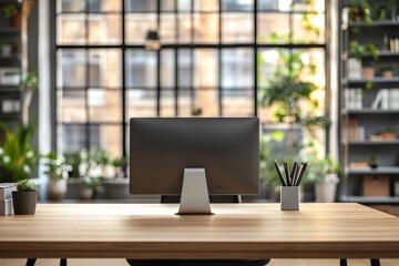 Fototapeta premium A modern office desk with a computer monitor, potted plants, and pencils in a cup. The desk is in front of a large window with a blurred view of a city skyline.