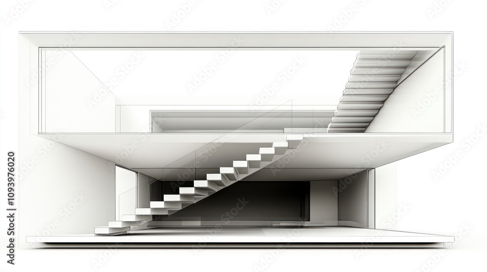 Poster a minimalist architectural design featuring open spaces and staircases.