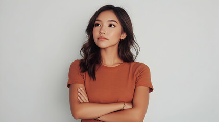 Obraz premium Portrait of a Young Woman with Brown Hair and a Rust-Colored T-Shirt, Arms Crossed, Pensively Looking Away Against a Light Gray Background.