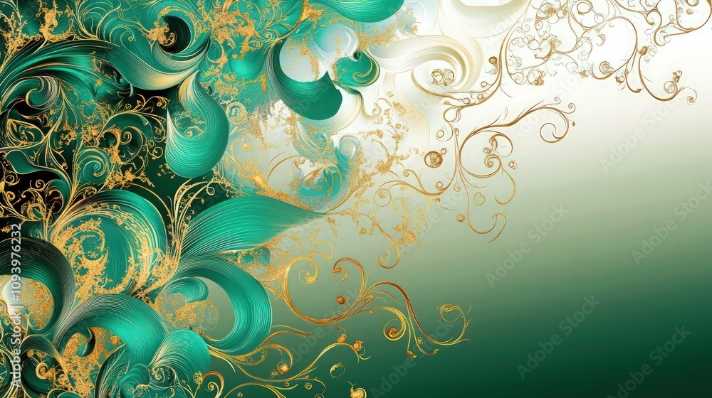 Poster a stunning abstract design showcasing vibrant emerald green patterns interwoven with golden flourish