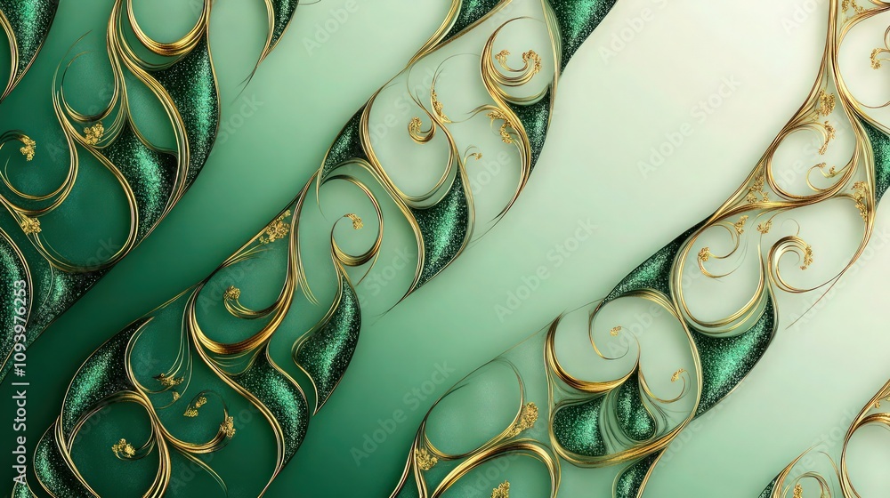 Poster a stunning abstract design showcasing vibrant emerald green patterns interwoven with golden flourish