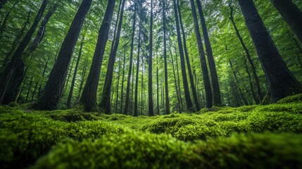 Fototapeta premium Lush green forest with tall trees and vibrant moss covering the ground.